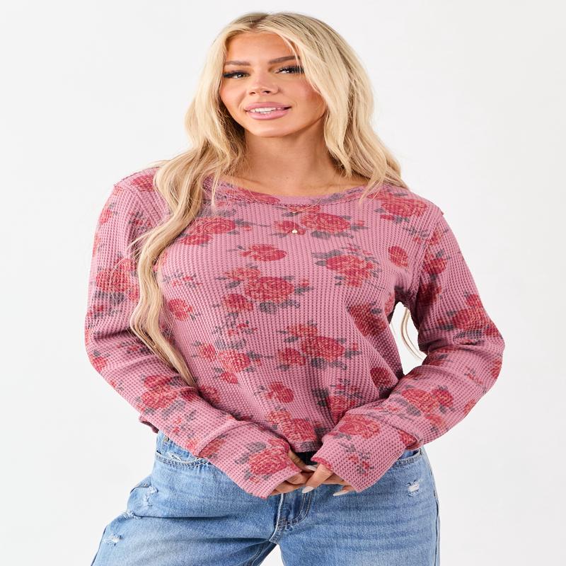 Mulberry Rose Print Waffle Knit Long Sleeve Top