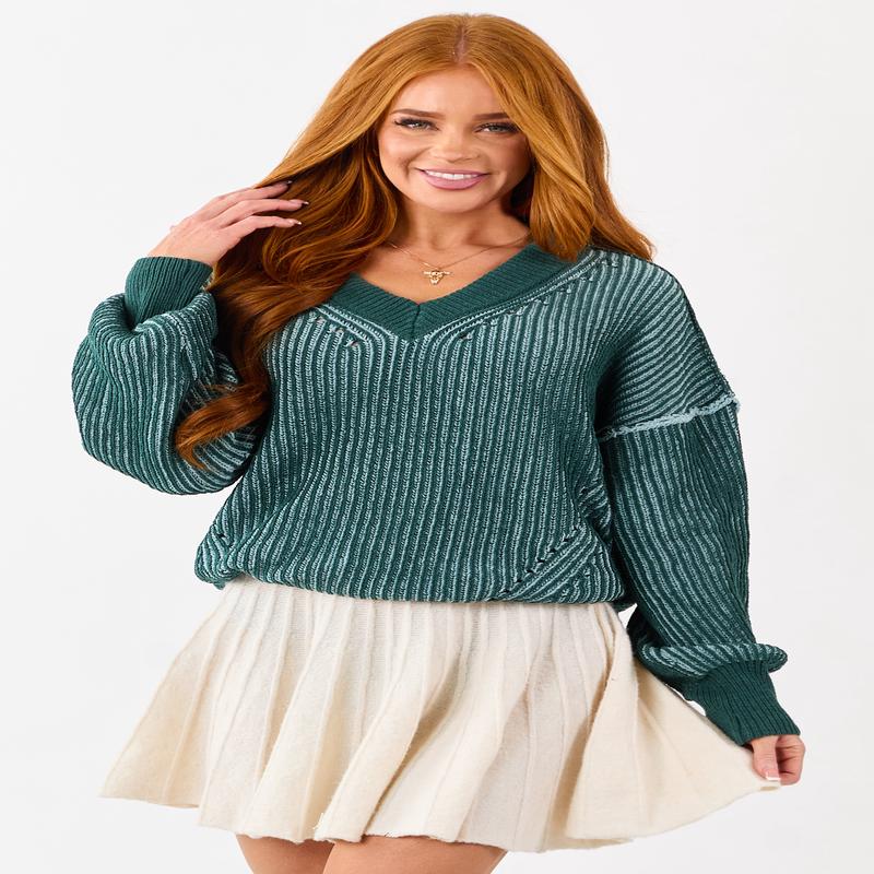 Pine and Mint Two Tone Ribbed Knit Sweater