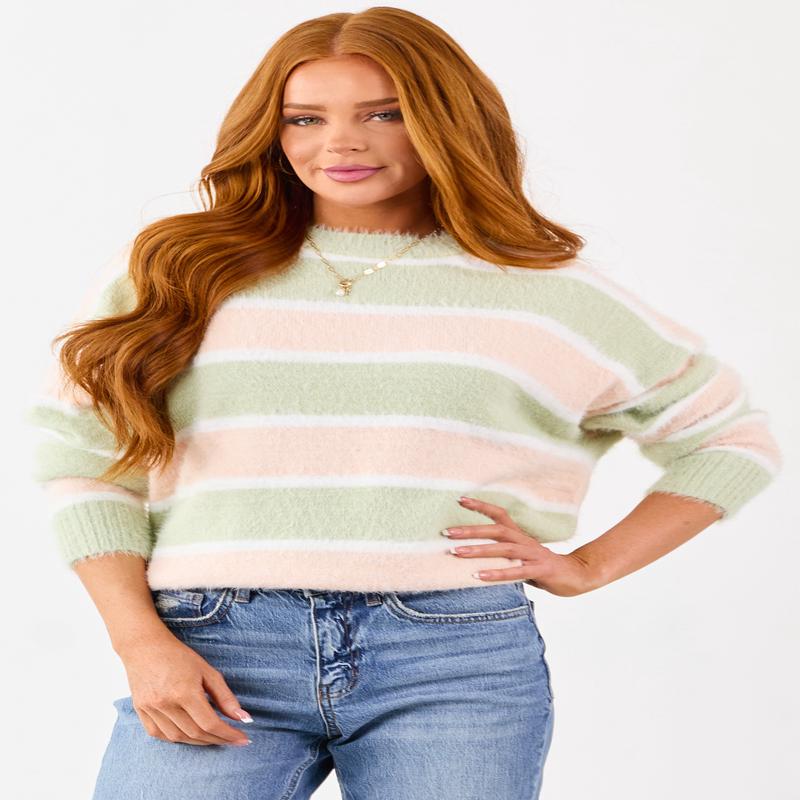 Sage and Tea Rose Striped Soft Fuzzy Knit Sweater