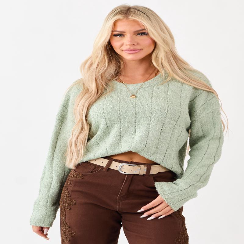 Sage Rib Texture Crew Neck Pullover Sweater