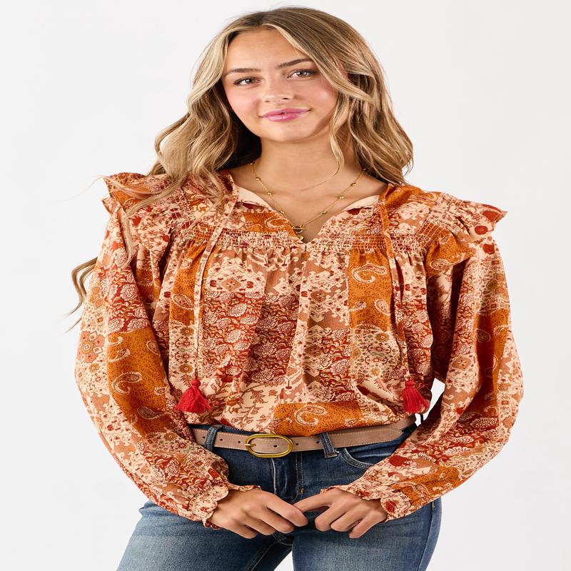 Sunrise Boho Paisley Patchwork Ruffled Cotton Blouse