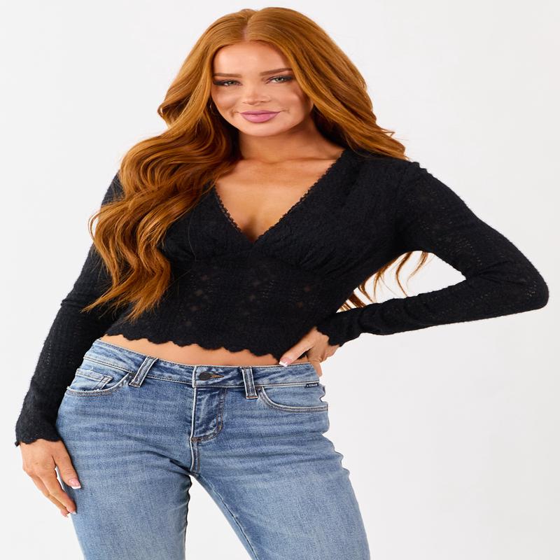 Black Fuzzy Knit Lace V-Neck Fitted Top