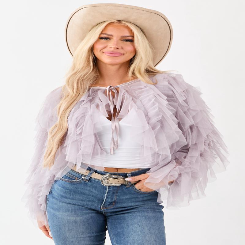 Dusty Lavender Tulle Ruffle Cropped Cardigan