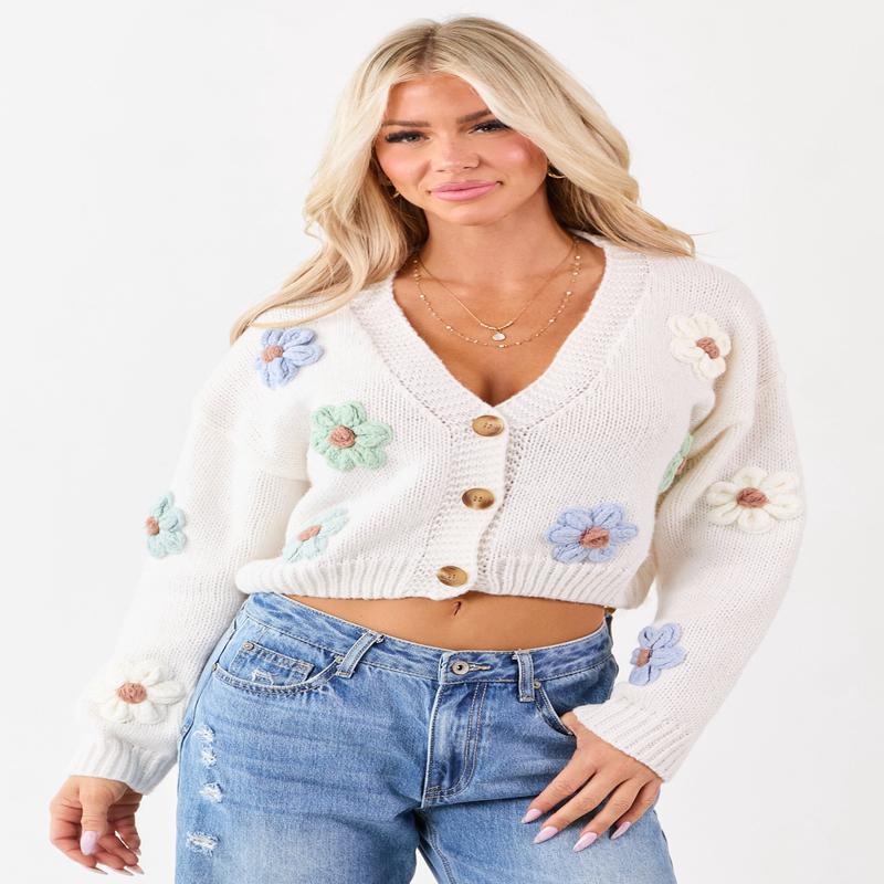 Ivory Floral Patch Button Down Cropped Cardigan