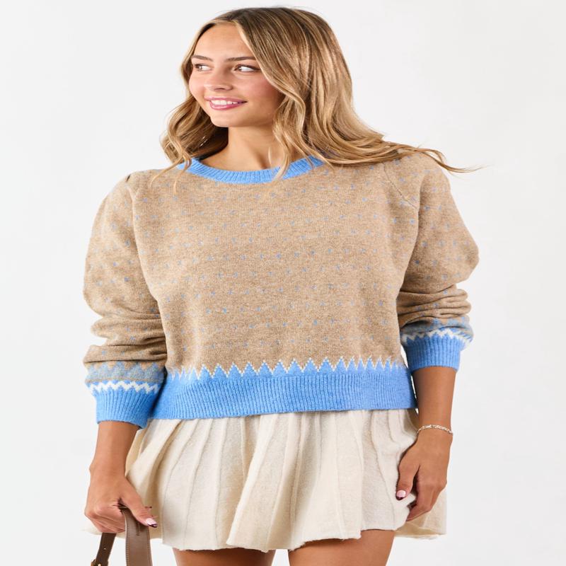 Latte Colorblock Abstract Print Puff Sleeve Sweater