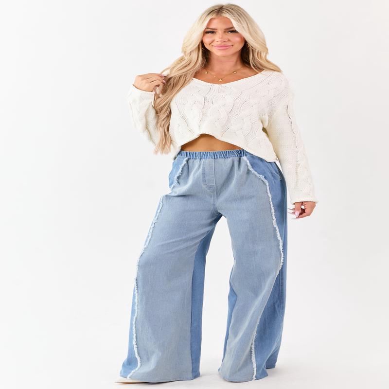 Light Wash Colorblock Elastic Waist Wide Denim Pants