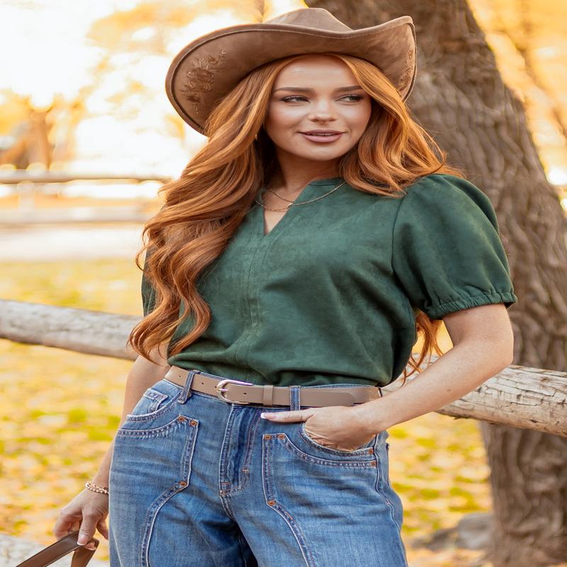 Pine Faux Suede Half Puff Sleeve V Notch Top