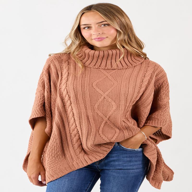 Terracotta Cable Knit Turtleneck Sweater Poncho