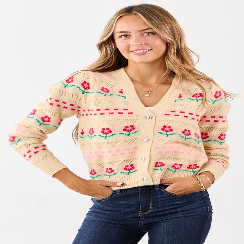 Almond Floral Print Pointelle Knit Cardigan