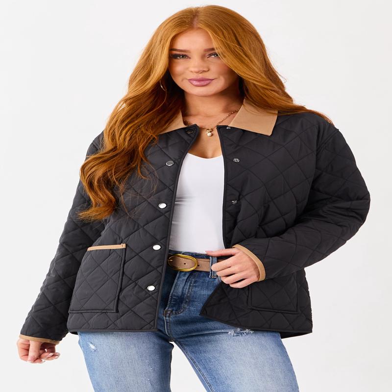 Black Contrast Trim Button Up Quilted Puffer Jacket