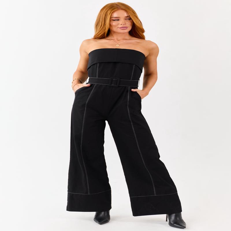 Black Cotton Strapless Contrast Stitching Jumpsuit