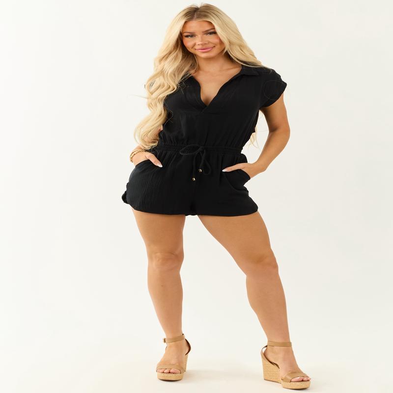 Black V Neck Back Cutout Cotton Cap Sleeve Romper