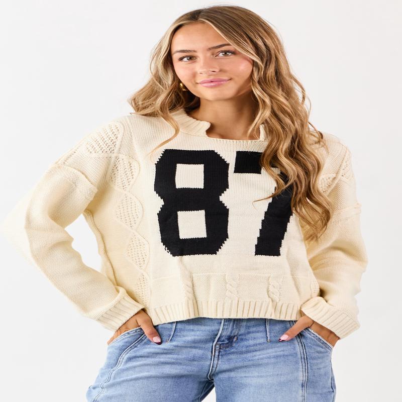 Cream Cable Knit Retro '87' Graphic Sweater