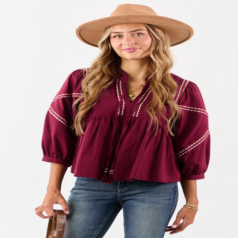 Maroon Embroidered Trim Babydoll Cotton Blouse