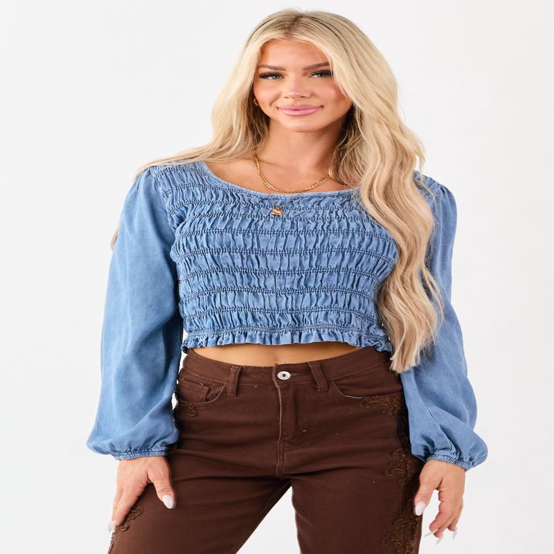 Medium Wash Denim Smocked Long Sleeve Blouse
