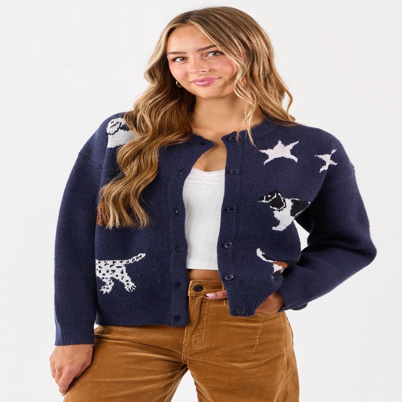 Navy Dog Graphic Knit Button Down Cardigan