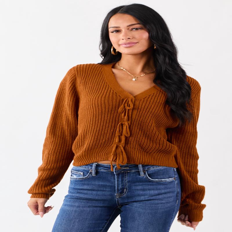 Rust Rib Knit Button Down Bow Sweater Cardigan