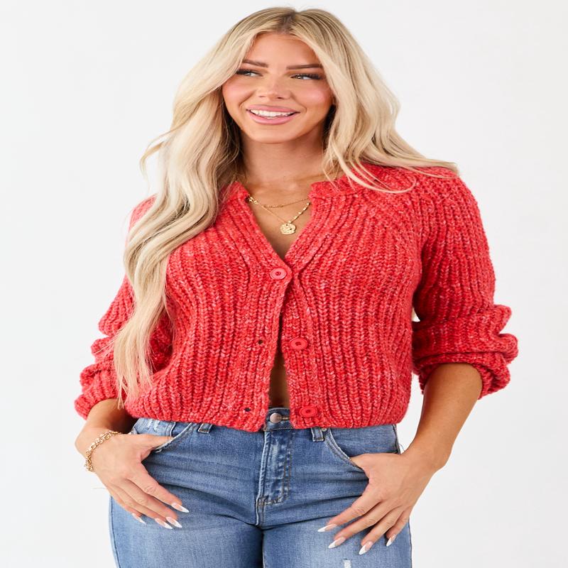 Scarlet Ribbed Knit Button Up Cardigan