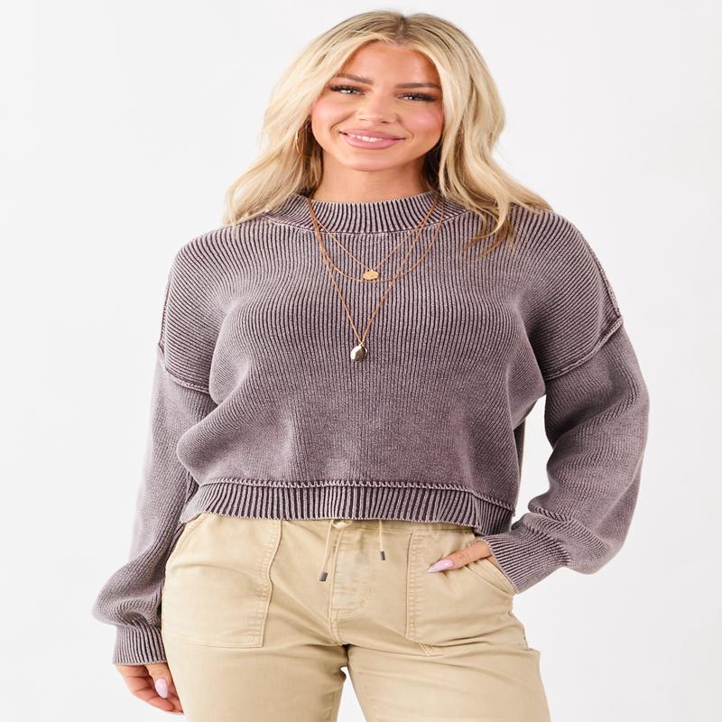 Washed Eggplant Cotton Mock Neck Rib Knit Sweater