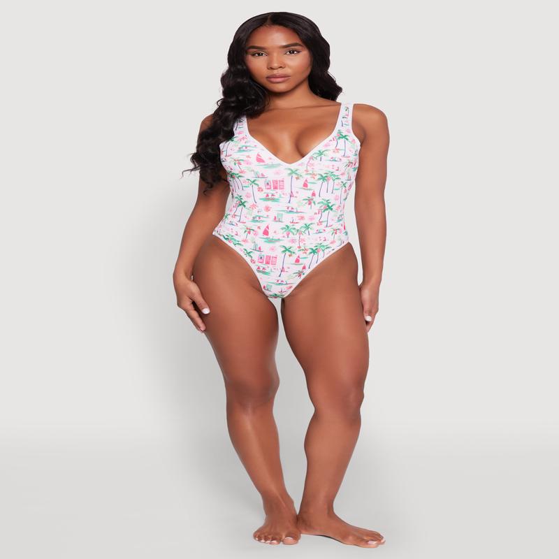 Palm Tree Tropical Print One Piece Swimsuit