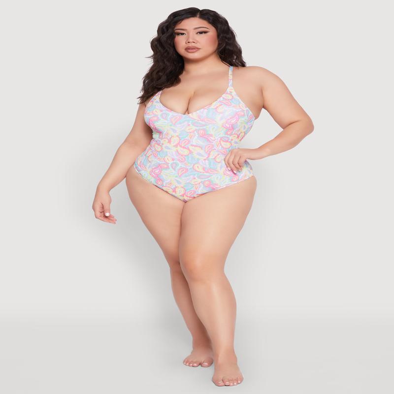 Plus Size Paisley Print One Piece Swimsuit