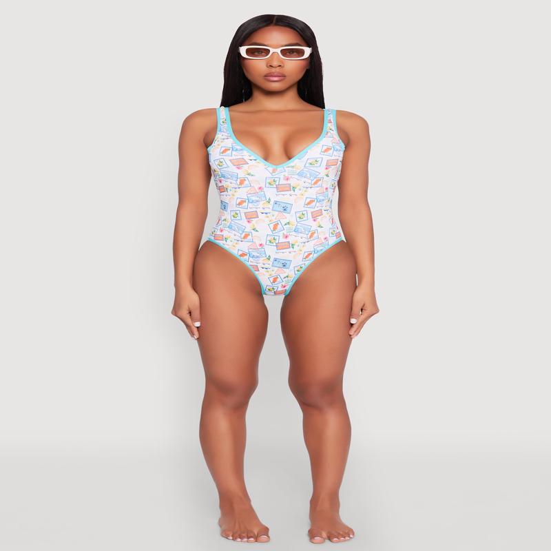 Tropical Stamp Print One Piece Swimsuit