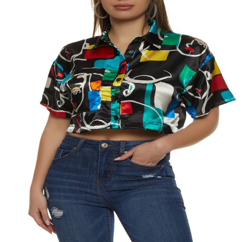 Satin Mixed Print Cropped Shirt