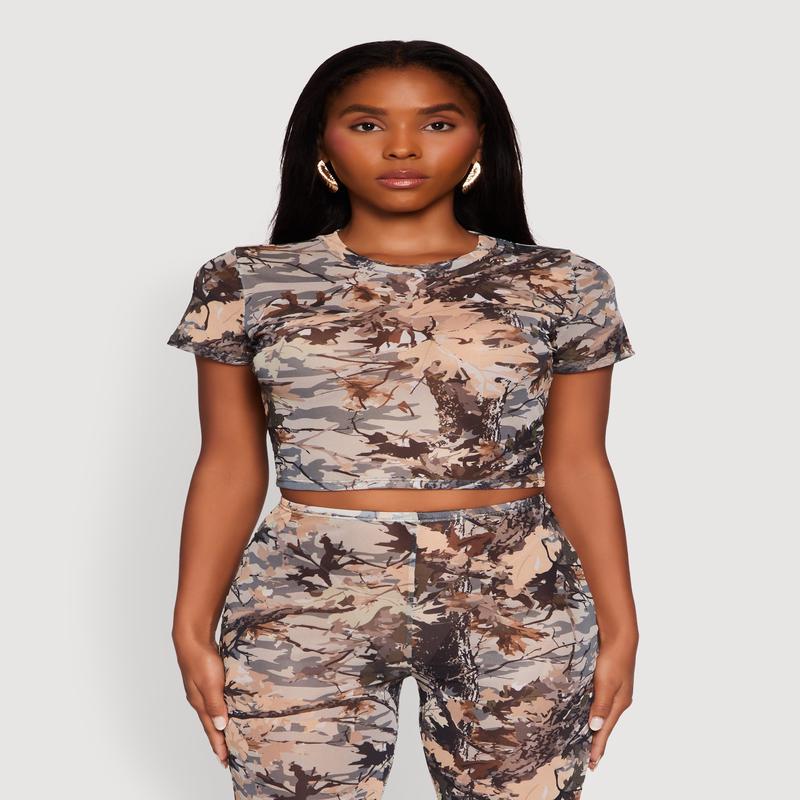 Camo Leaf Print Mesh Crop Top