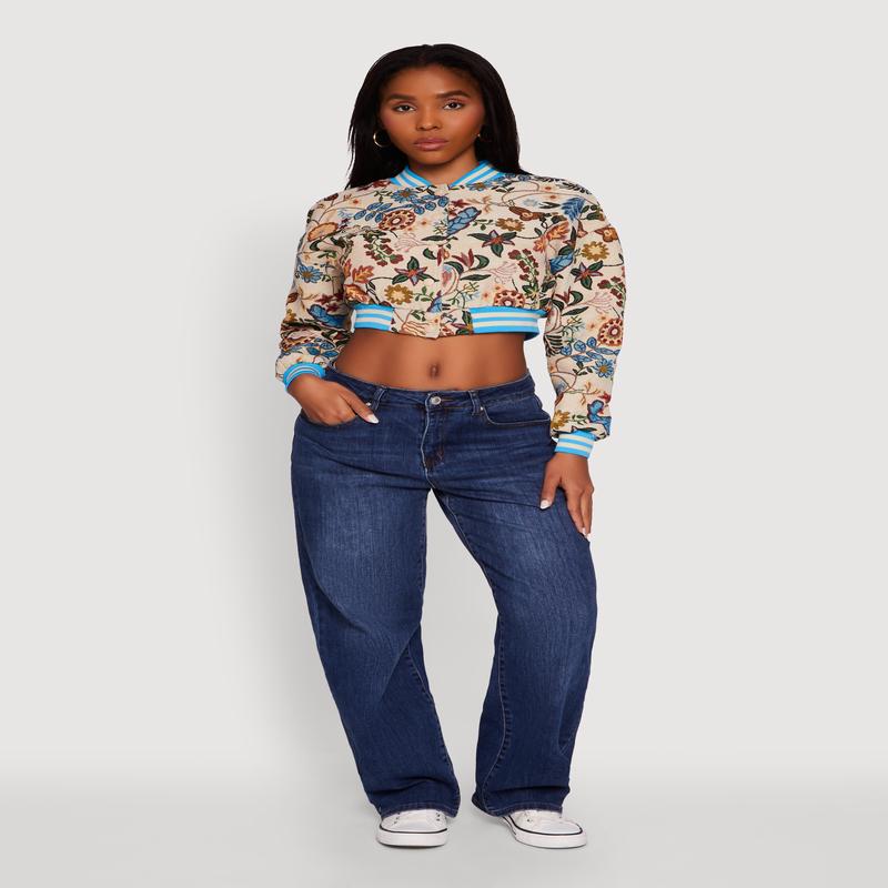 Floral Jacquard Varsity Stripe Cropped Bomber Jacket