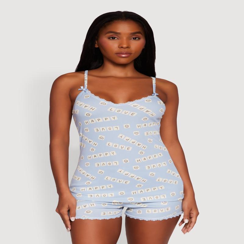 Happy Love Ribbed Knit V Neck Pajama Cami and Shorts Set