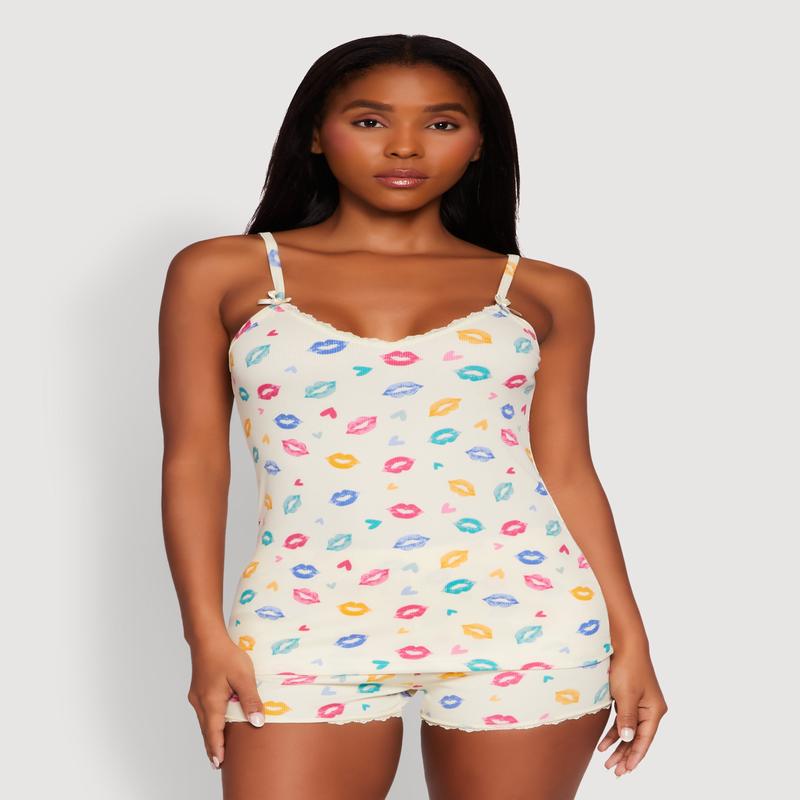 Heart Lip Print Pajama Cami and Shorts Set
