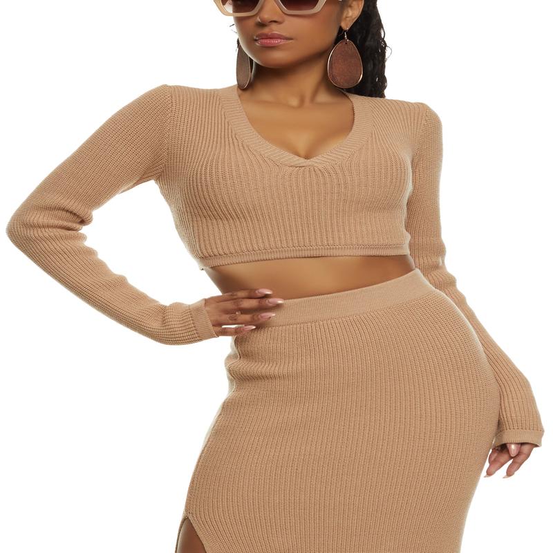 Knit V Neck Cropped Sweater