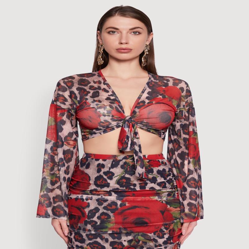 Mesh Jaguar Rose Print Tie Front Crop Top