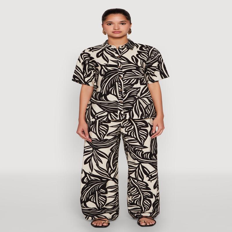 Palm Leaf Print Wide Leg Pants