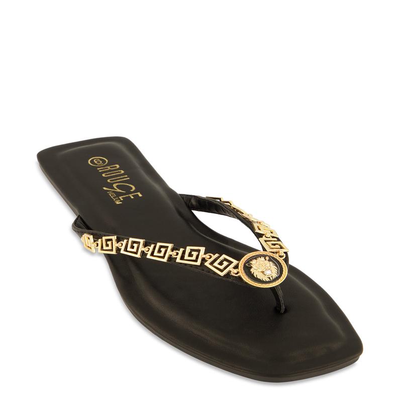 Greek Key Metallic Pendant Thong Sandals