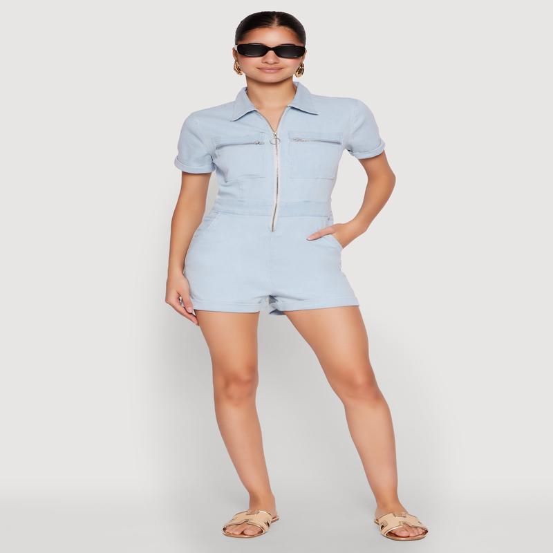 Denim Zip Front Romper