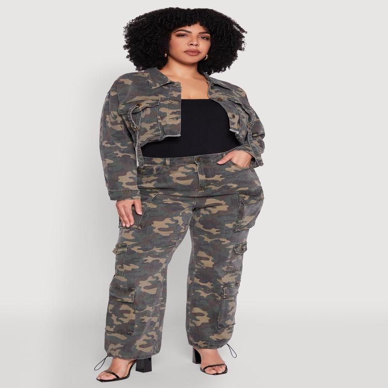 Plus Size Camo Denim Cargo Joggers