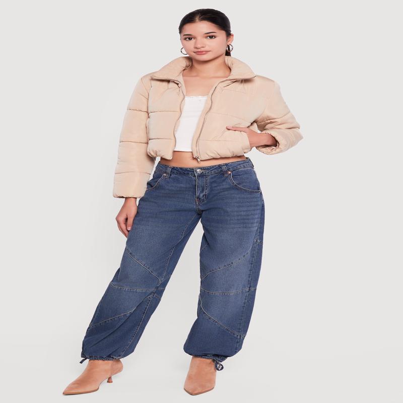Solid Cropped Zip Front Puffer Jacket