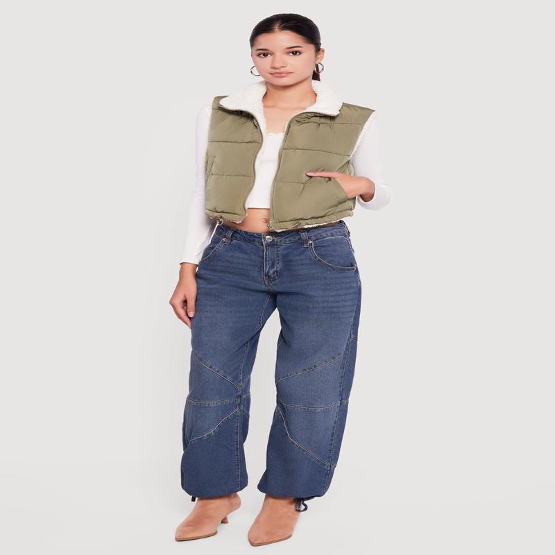 Sherpa Lined Drawstring Hem Zip Front Puffer Vest