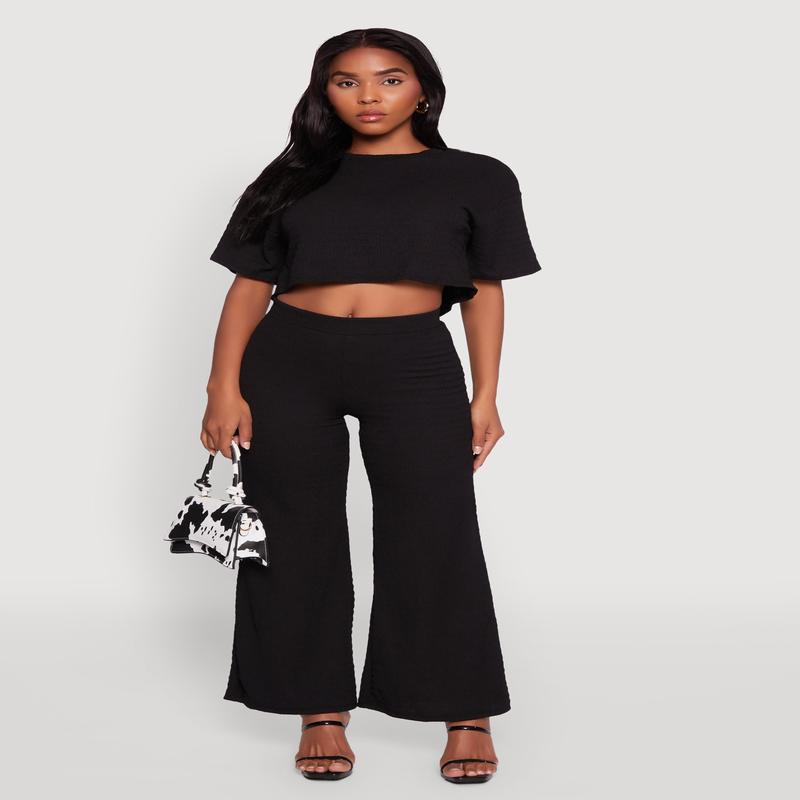 Textured Knit Wide Leg Pants