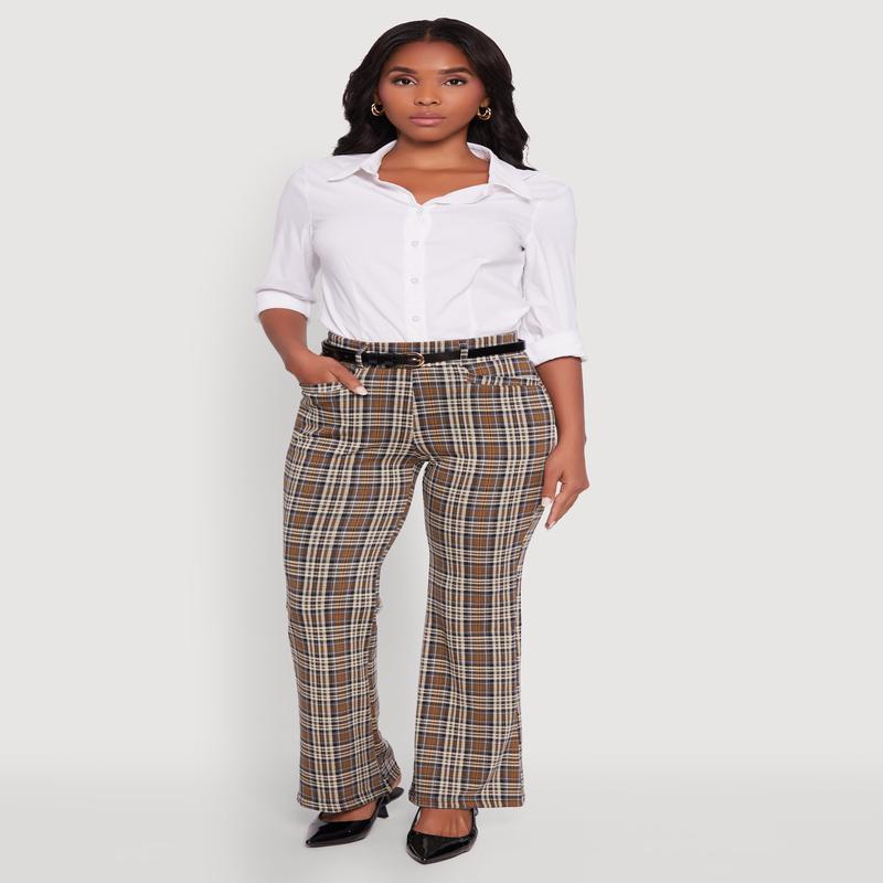 High Waisted Plaid Boot Cut Trousers with Belt