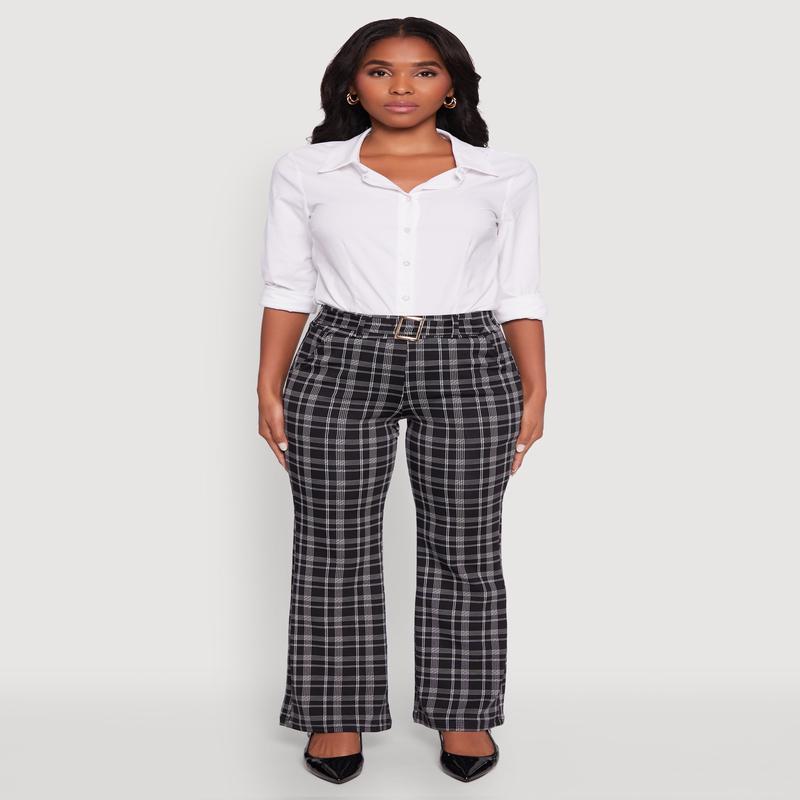 Plaid Belted Front Stretch Flare Pants