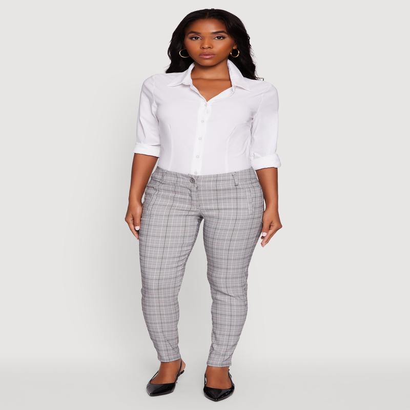 Mid Rise Plaid Skinny Dress Pants