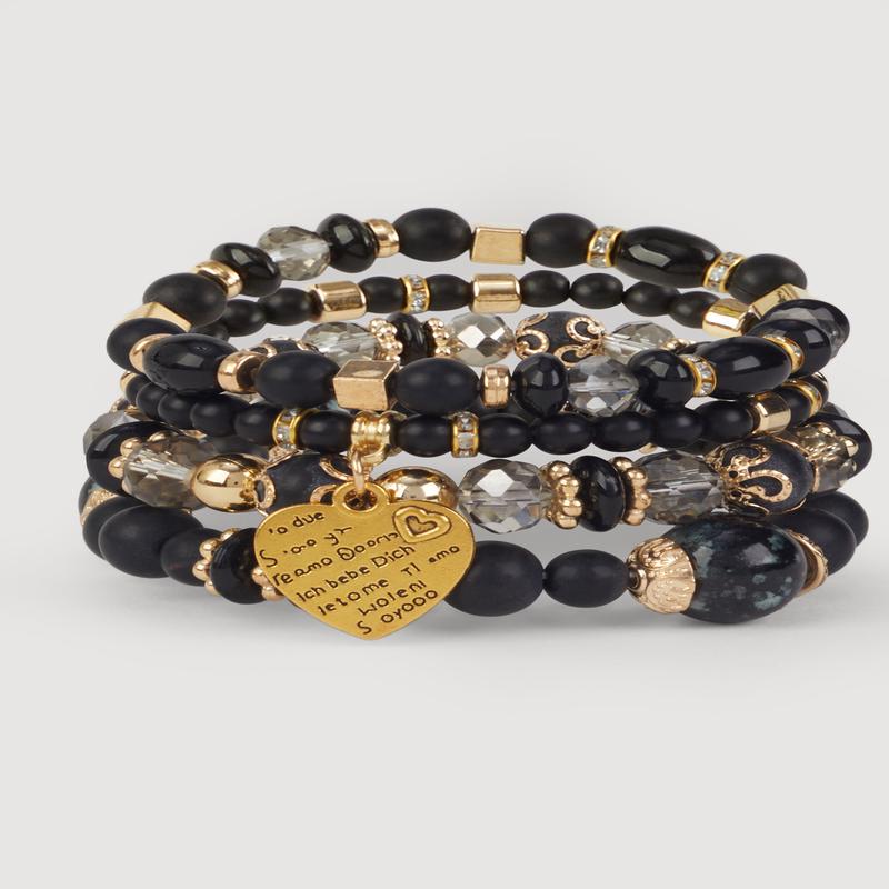 Heart Charm Beaded Stretch Bracelets Set of 4