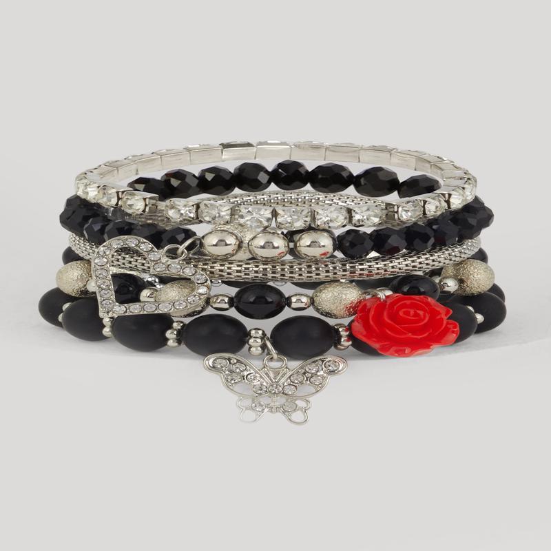Rose Rhinestone Charm Stretch Bracelets Set of 5