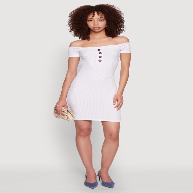 Faux Button Detail Off the Shoulder Mini Dress