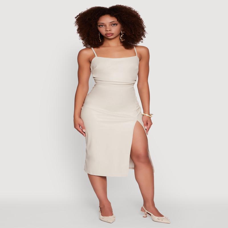 Faux Leather Square Neck Side Slit Midi Dress