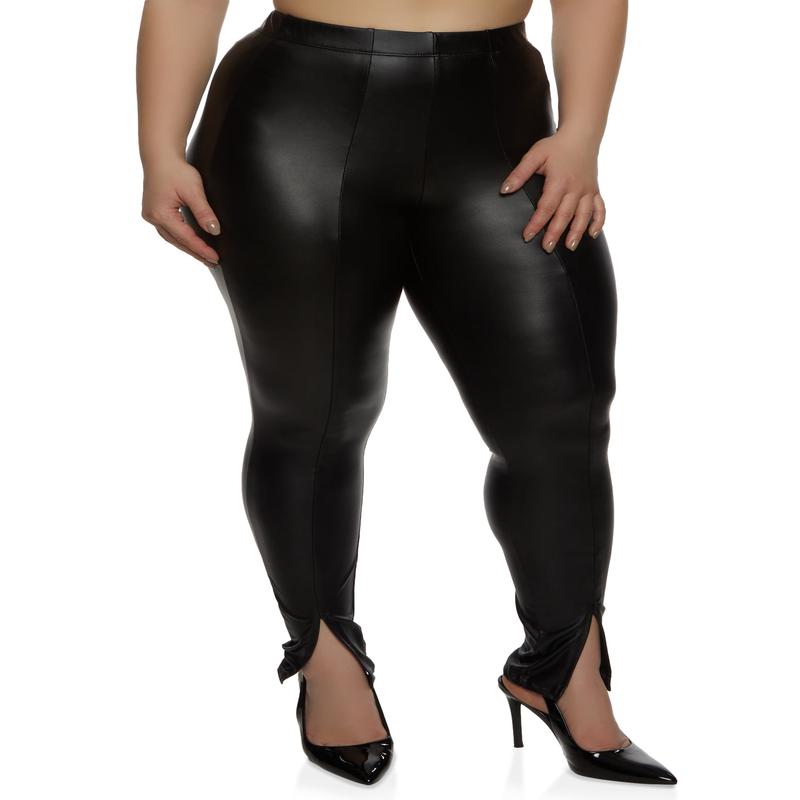 Plus Size Faux Leather Split Hem Pants