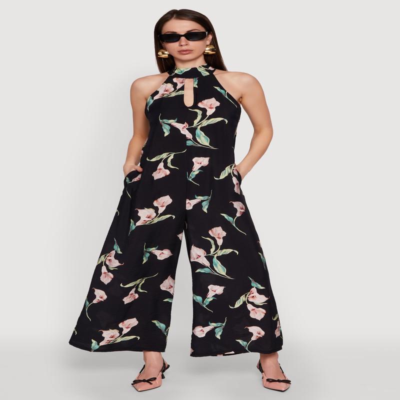 Chic Floral Print Sleeveless Halter Neck Jumpsuit