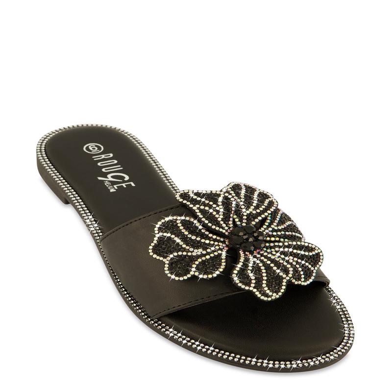Rhinestone Trim Flower Detail Slide Sandals